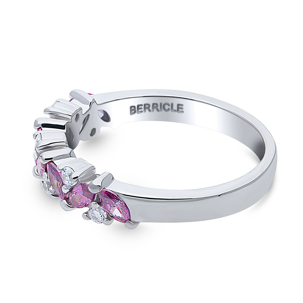 Angle view of Flower Cluster Purple CZ Stackable Band in Sterling Silver