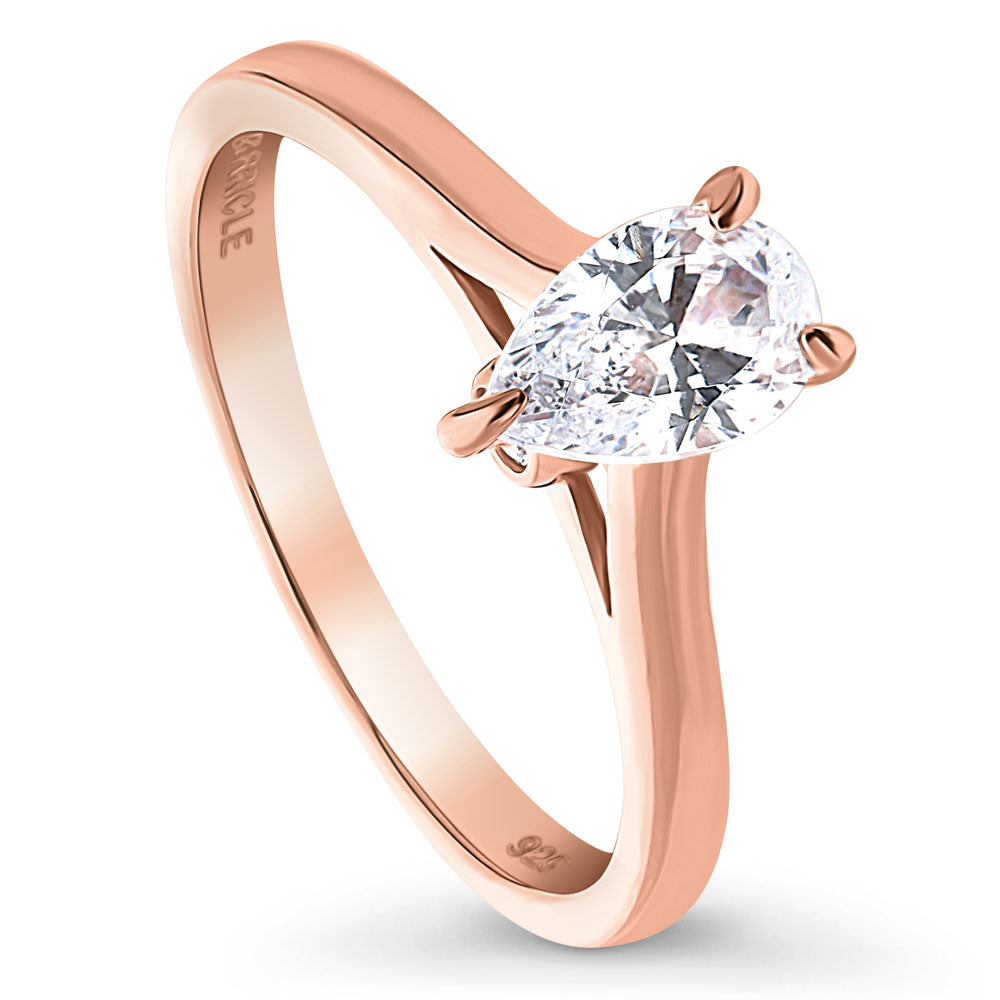 Front view of Solitaire 0.8ct Pear CZ Ring in Rose Gold Plated Sterling Silver