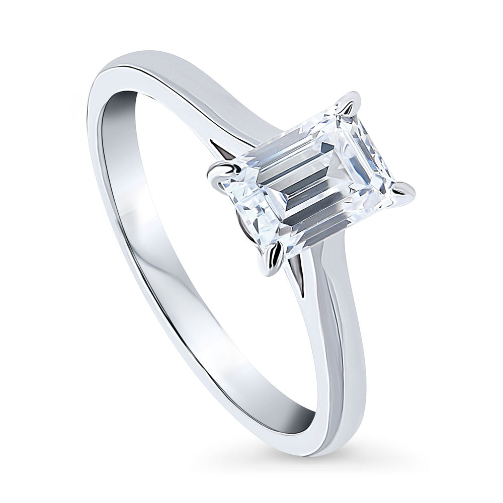Front view of Solitaire 1ct Emerald Cut CZ Ring in Sterling Silver, 3 of 8
