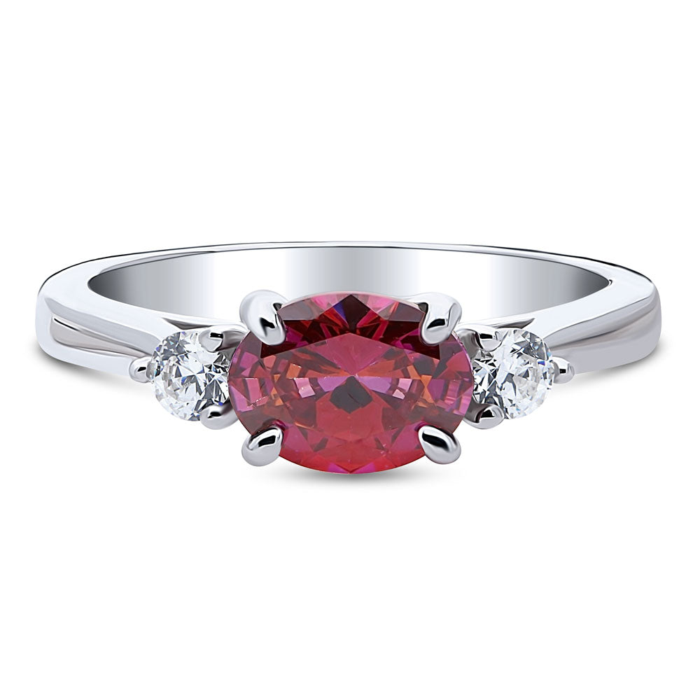 3-Stone East-West Red Oval CZ Ring in Sterling Silver, 1 of 8