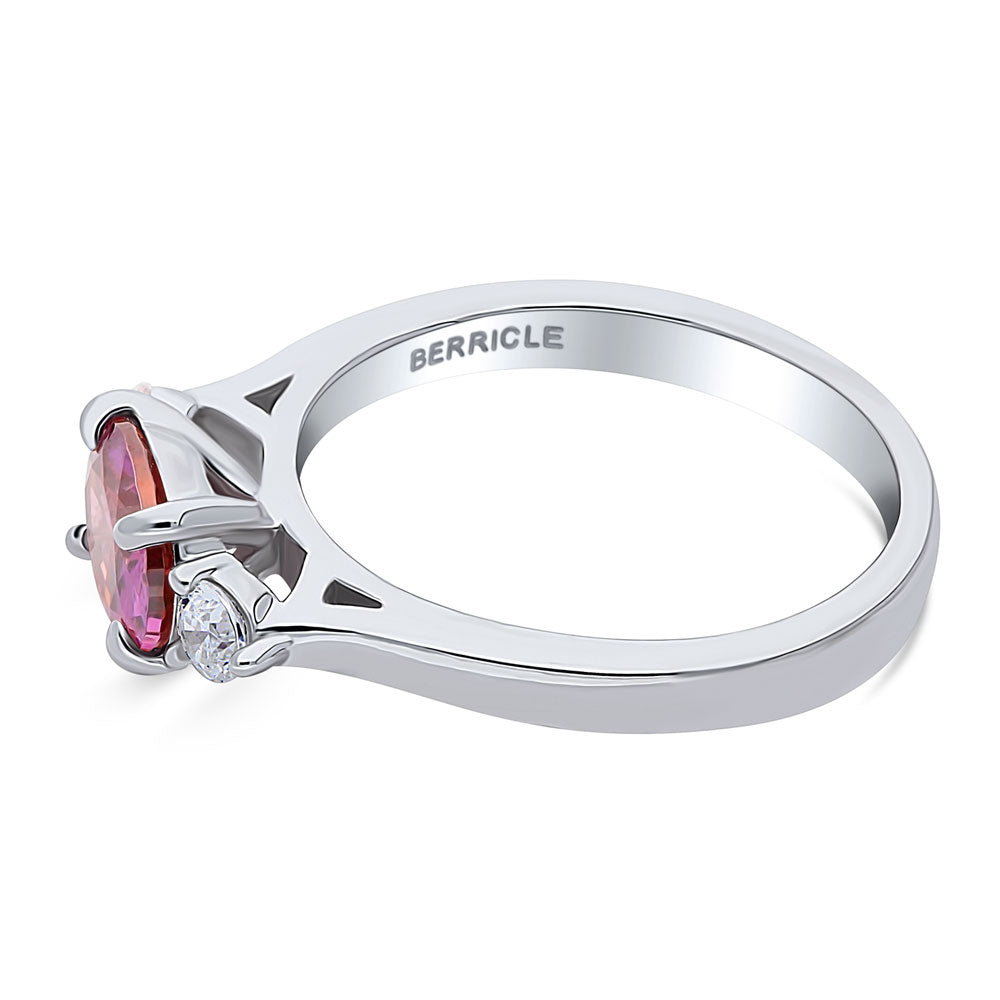 Angle view of 3-Stone East-West Red Oval CZ Ring in Sterling Silver, 5 of 8