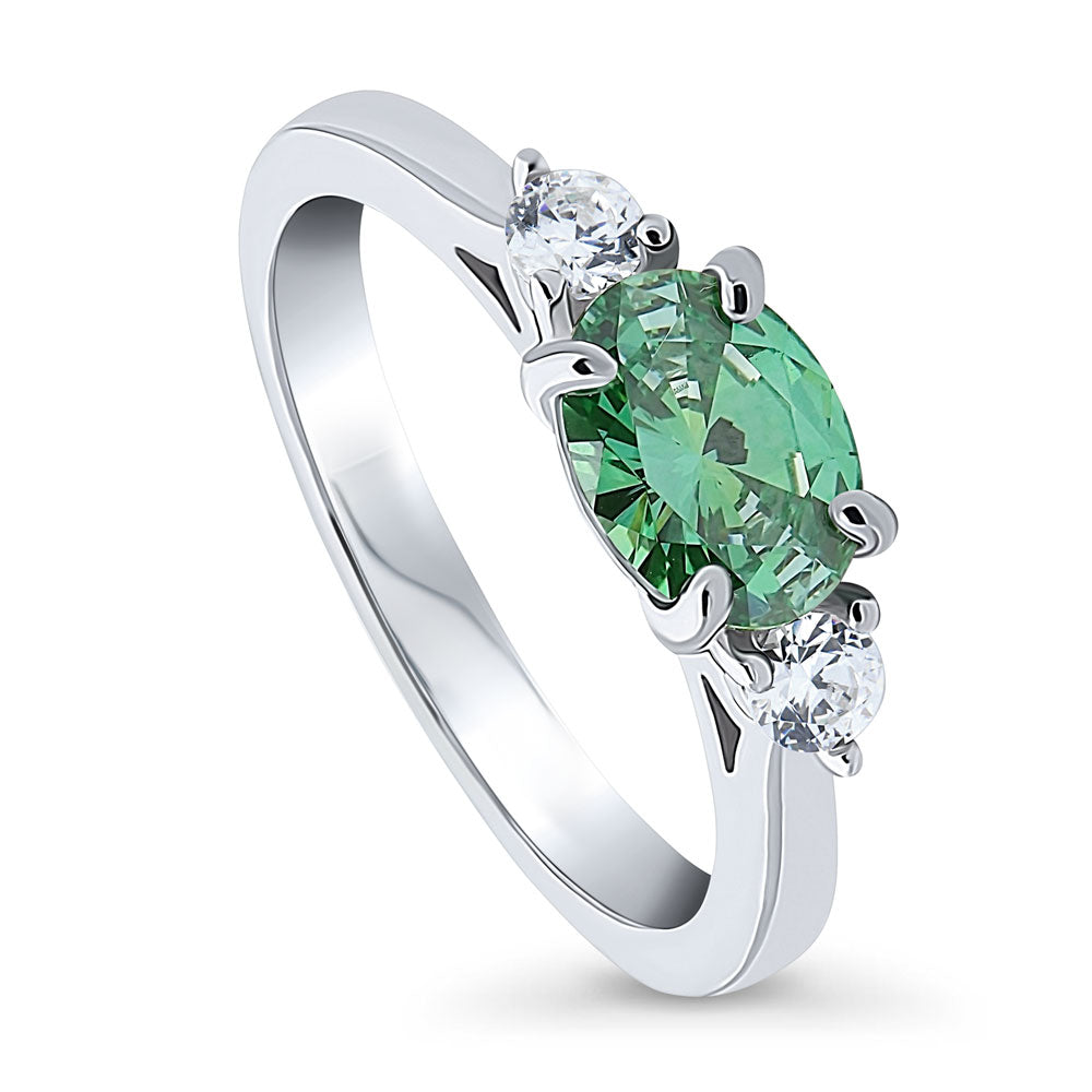 Front view of 3-Stone East-West Green Oval CZ Ring in Sterling Silver, 4 of 8