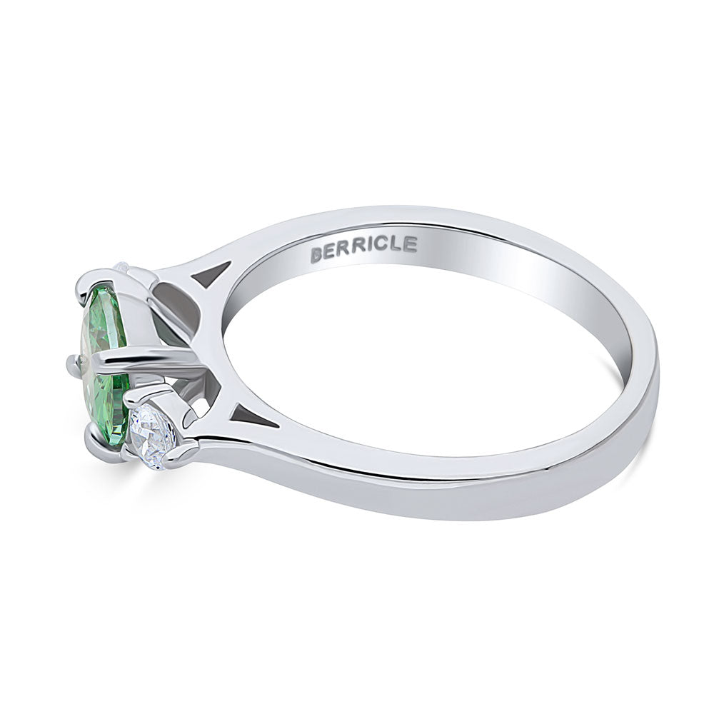 Angle view of 3-Stone East-West Green Oval CZ Ring in Sterling Silver, 5 of 8