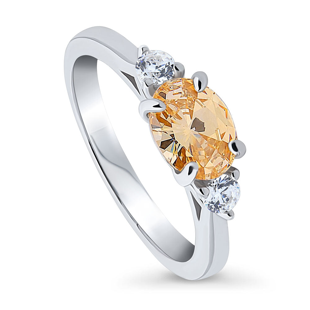 Front view of 3-Stone East-West Yellow Oval CZ Ring in Sterling Silver, 4 of 9