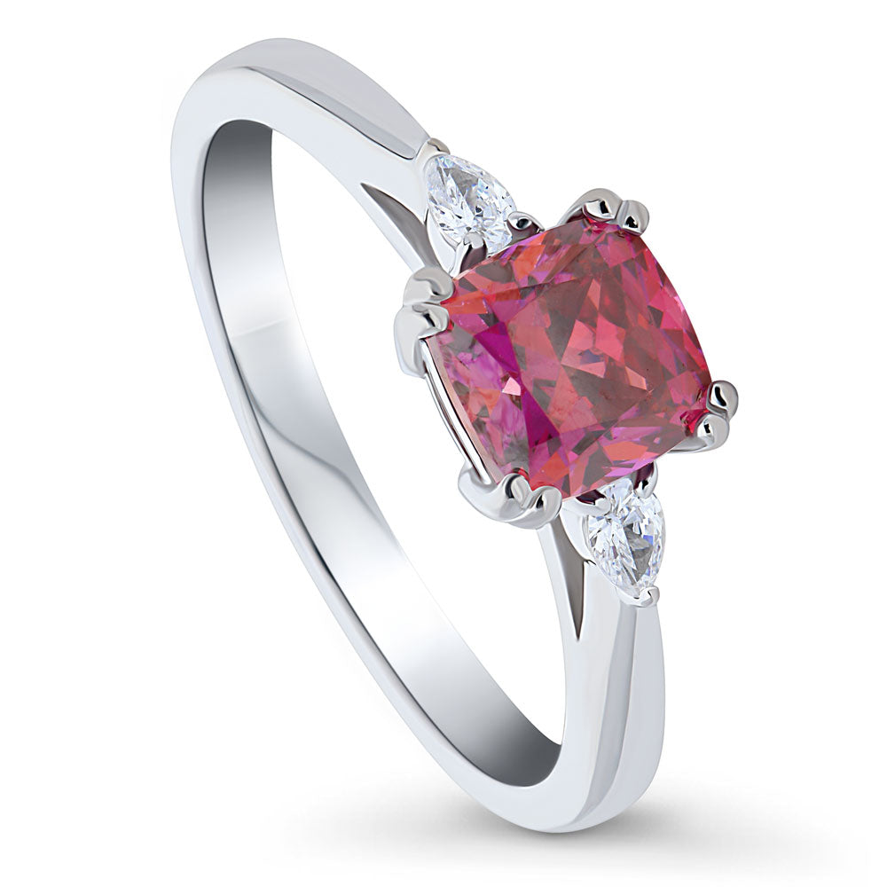 Front view of 3-Stone Red Cushion CZ Ring in Sterling Silver