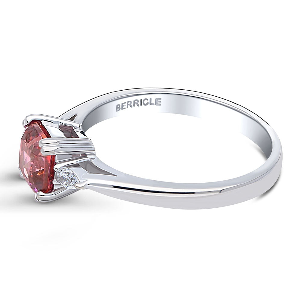 Angle view of 3-Stone Red Cushion CZ Ring in Sterling Silver