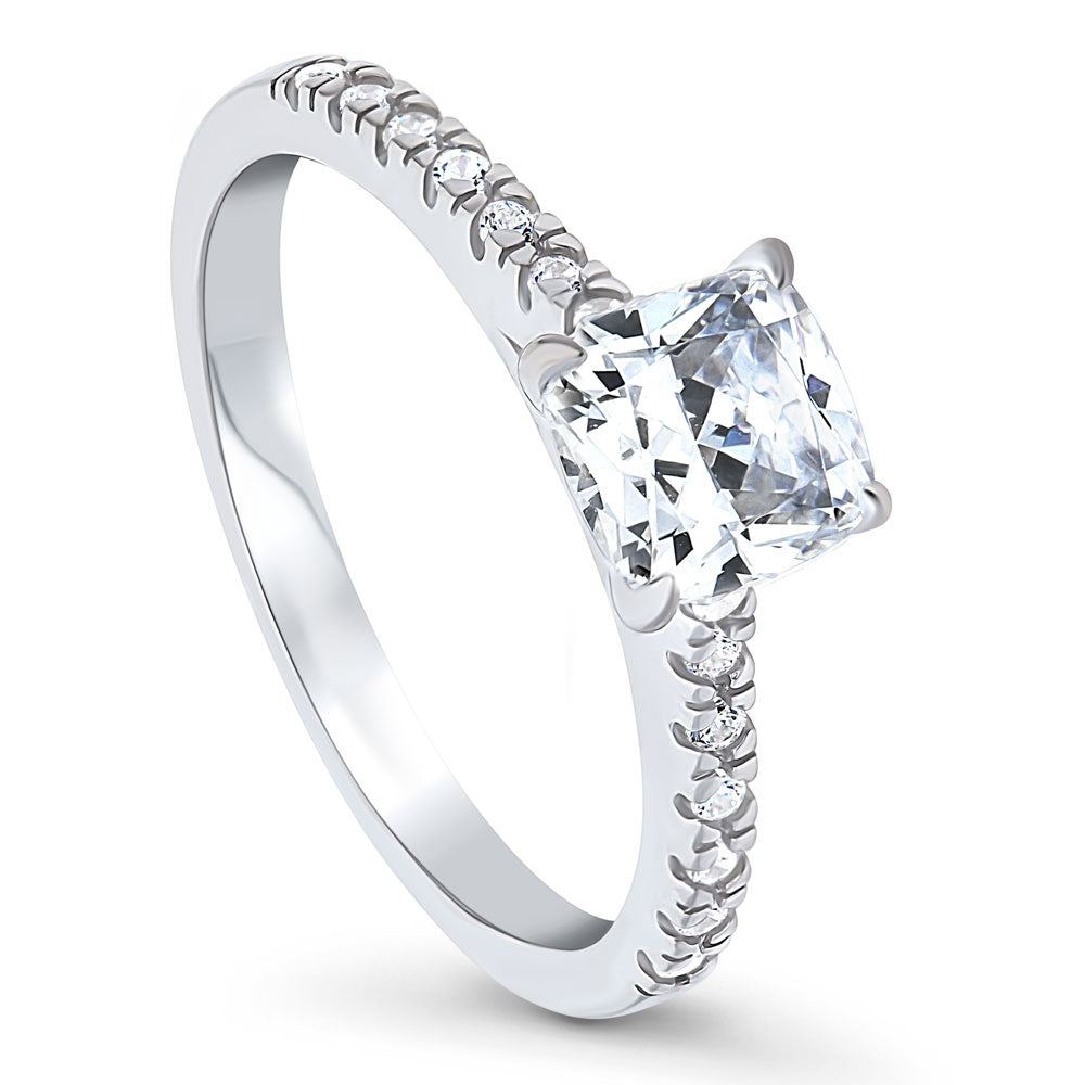 Front view of Solitaire 1.25ct Cushion CZ Ring in Sterling Silver, 4 of 8
