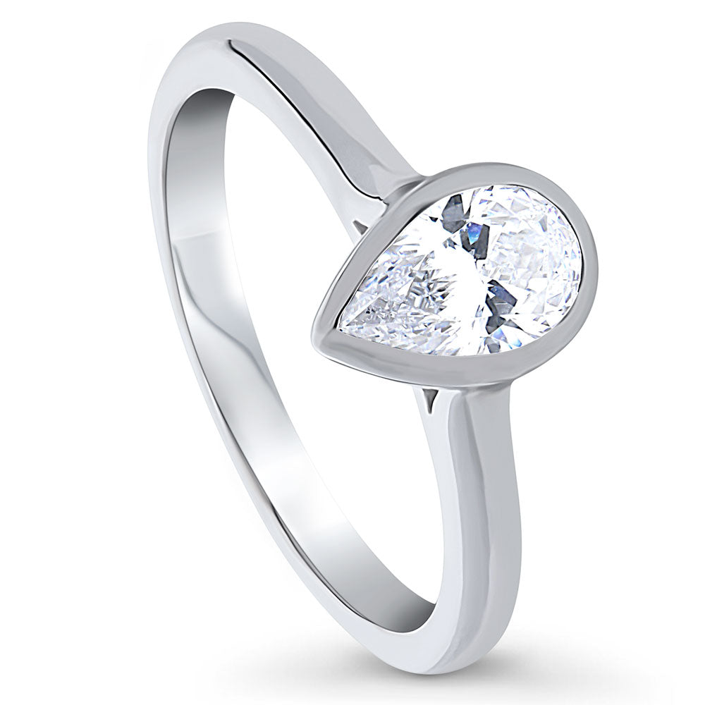 Front view of Solitaire 0.8ct Bezel Set Pear CZ Ring in Sterling Silver