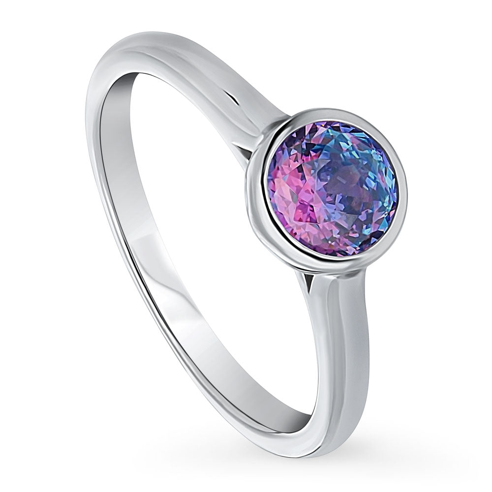 Front view of Solitaire Purple Aqua Bezel Set Round CZ Ring in Sterling Silver 0.8ct