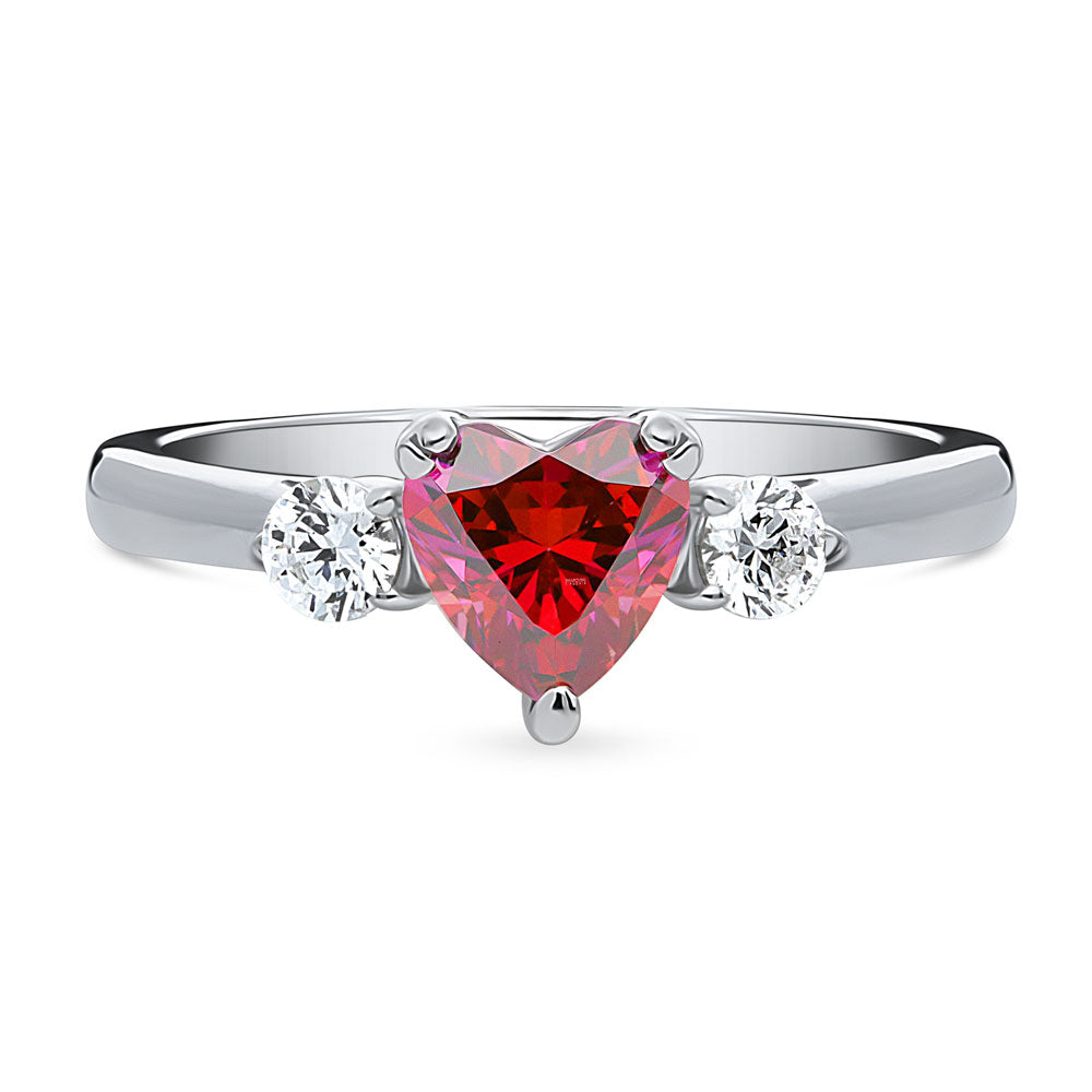 3-Stone Heart Red Heart CZ Ring in Sterling Silver