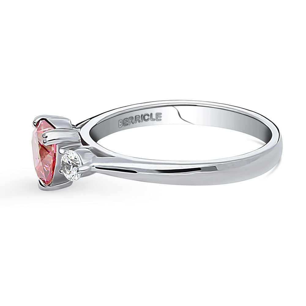 Angle view of 3-Stone Heart Red CZ Ring in Sterling Silver