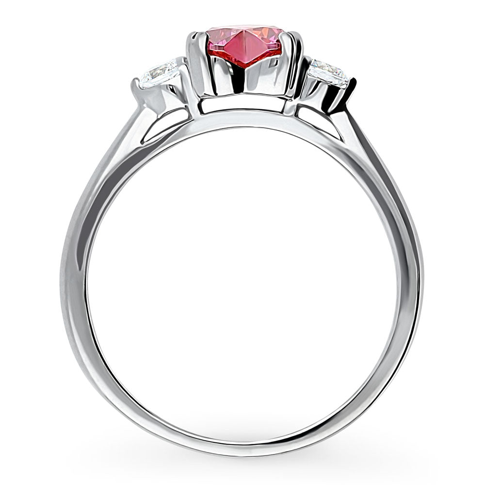 Alternate view of 3-Stone Heart Red CZ Ring in Sterling Silver