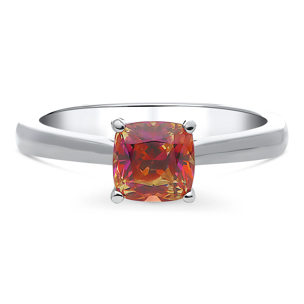 Solitaire Red Orange Cushion CZ Ring in Sterling Silver 1.25ct