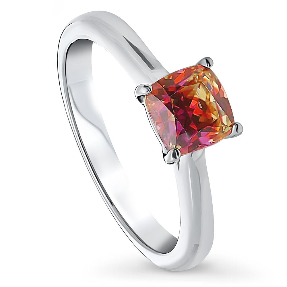 Front view of Solitaire Red Orange Cushion CZ Ring in Sterling Silver 1.25ct
