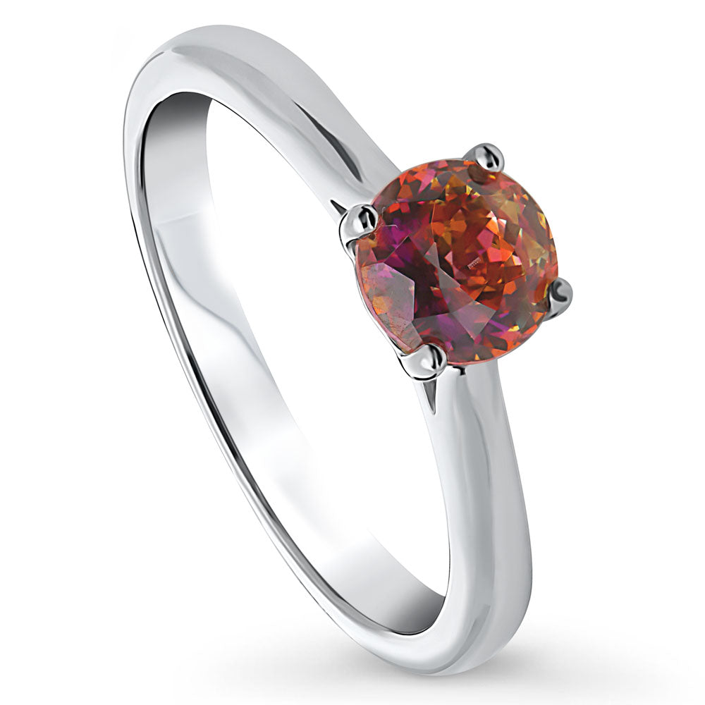 Front view of Solitaire Red Orange Round CZ Ring in Sterling Silver 0.8ct