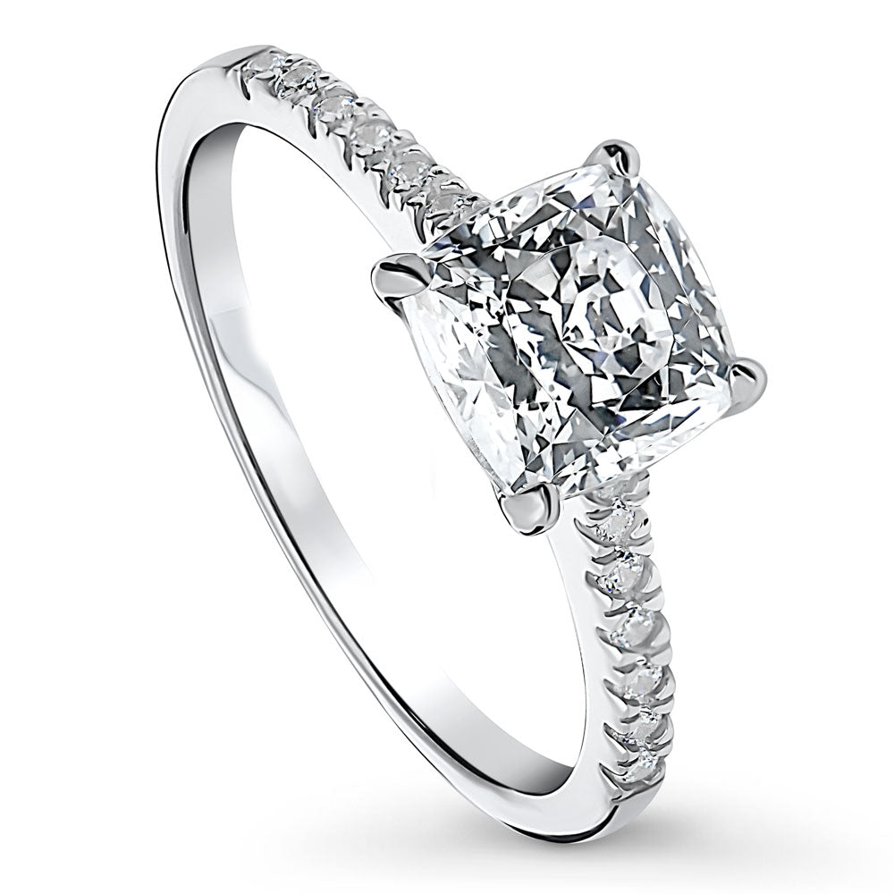 Front view of Solitaire 2ct Cushion CZ Ring in Sterling Silver