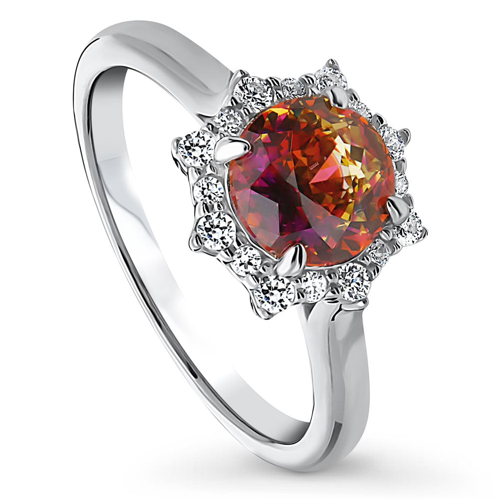 Front view of Halo Sunburst Red Orange Round CZ Ring in Sterling Silver