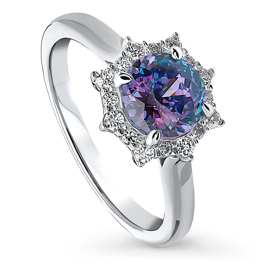 Front view of Halo Sunburst Purple Aqua Round CZ Ring in Sterling Silver
