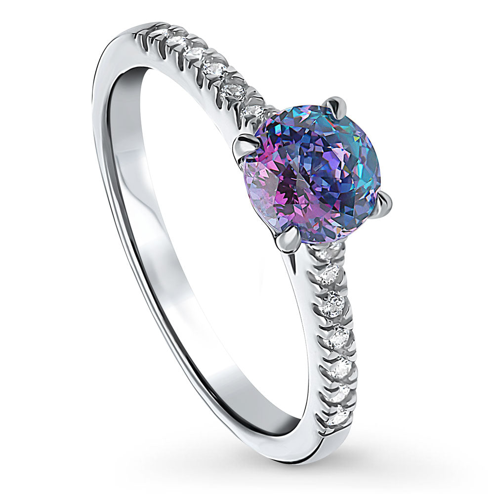 Front view of Solitaire Purple Aqua Round CZ Ring in Sterling Silver 0.8ct