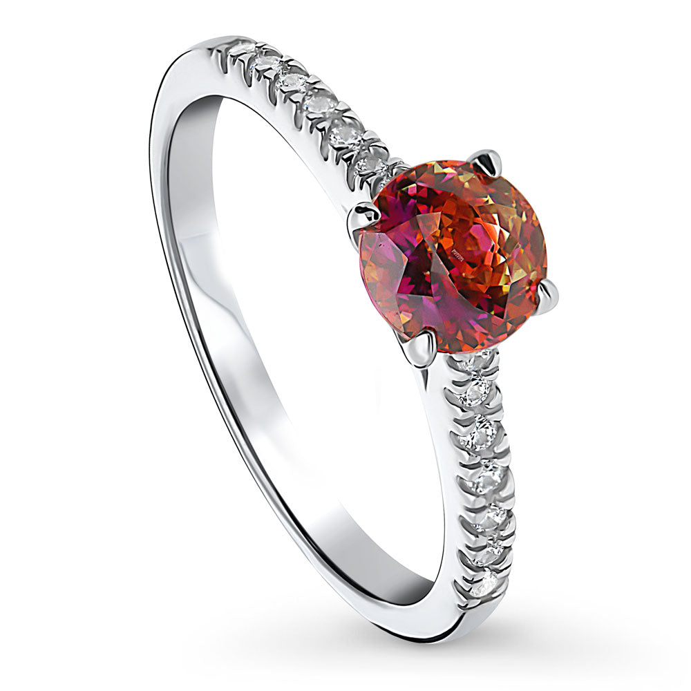 Front view of Solitaire Red Orange Round CZ Ring in Sterling Silver 0.8ct