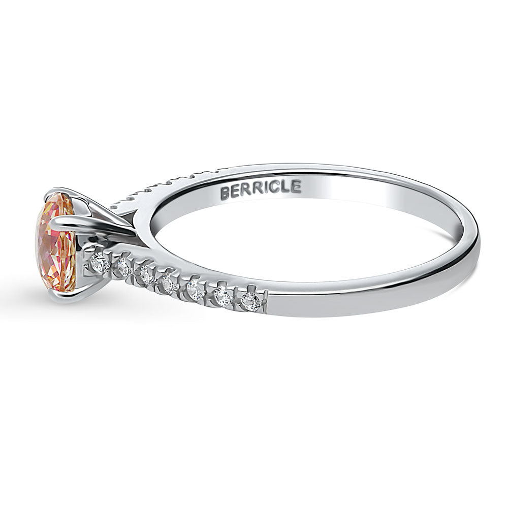 Angle view of Solitaire Red Orange Round CZ Ring in Sterling Silver 0.8ct