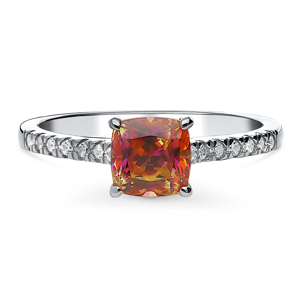 Solitaire Red Orange Cushion CZ Ring in Sterling Silver 1.25ct