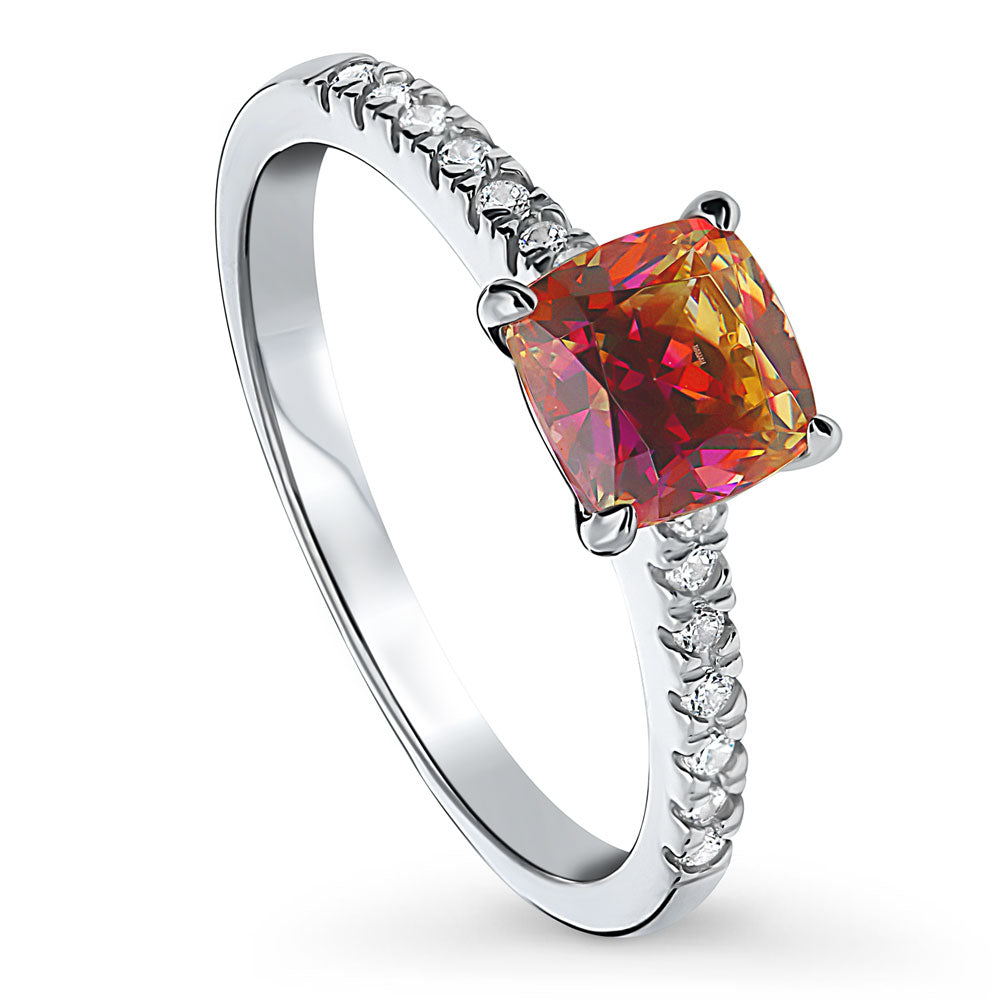 Front view of Solitaire Red Orange Cushion CZ Ring in Sterling Silver 1.25ct