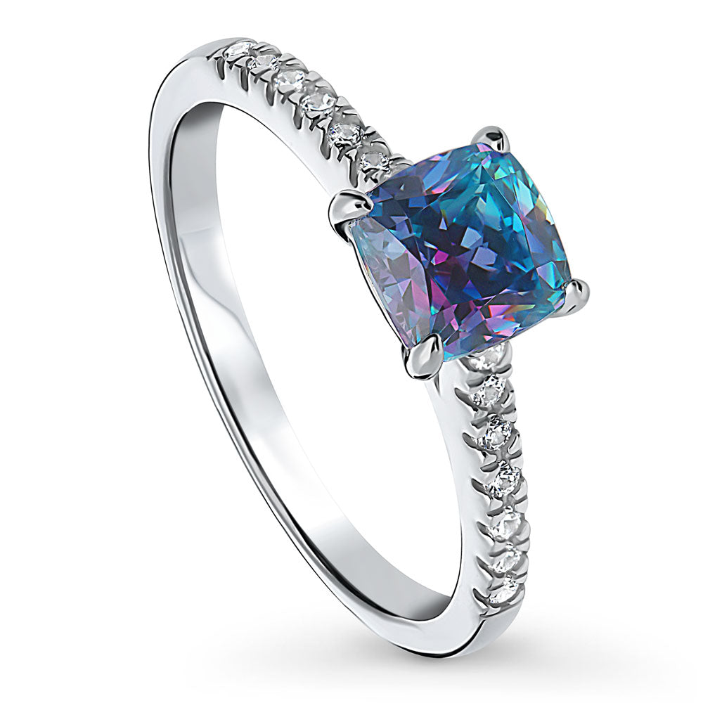 Front view of Solitaire Purple Aqua Cushion CZ Ring in Sterling Silver 1.25ct