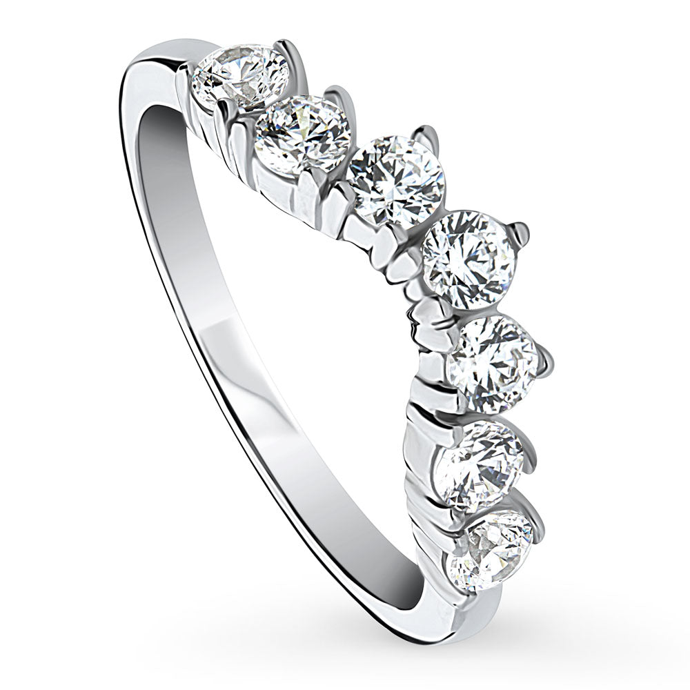 7-Stone Wishbone CZ Curved Half Eternity Ring in Sterling Silver, front view