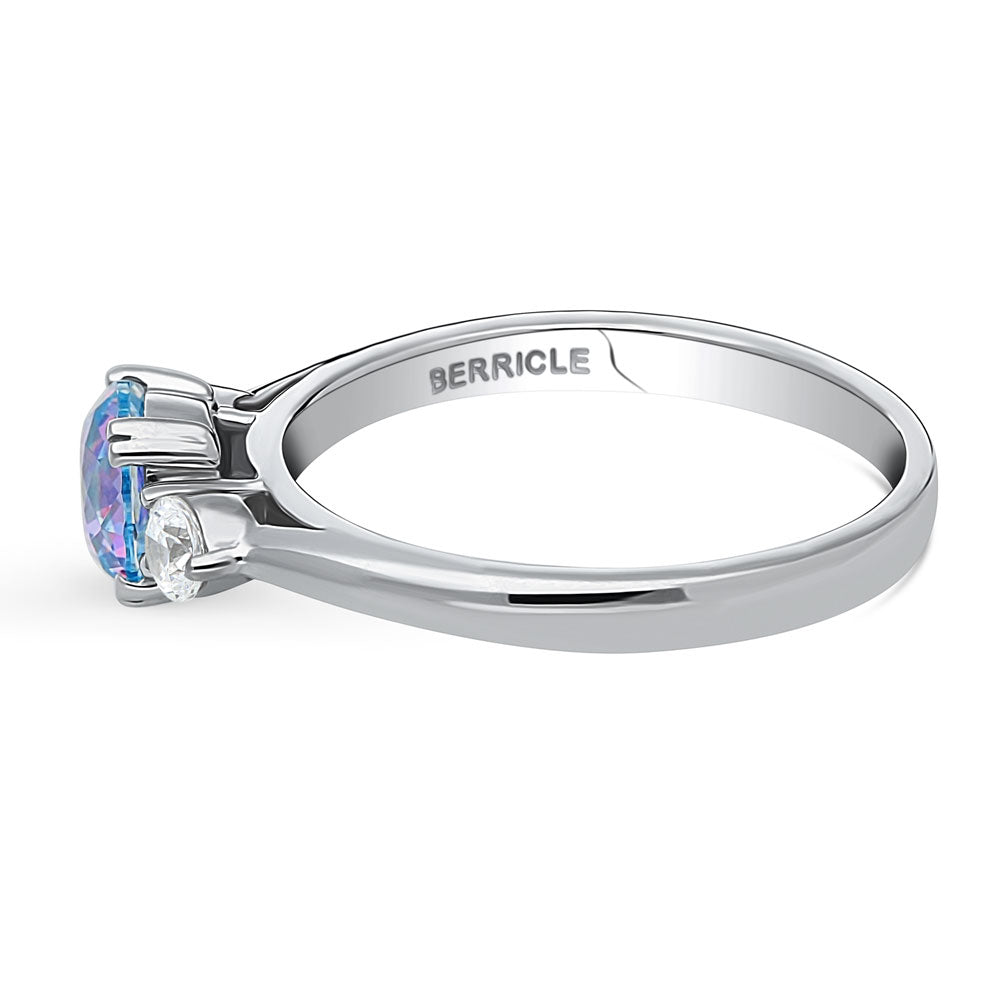 Angle view of 3-Stone Kaleidoscope Purple Aqua Round CZ Ring in Sterling Silver, 5 of 9