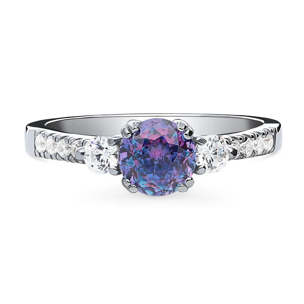 3-Stone Kaleidoscope Purple Aqua Round CZ Ring in Sterling Silver