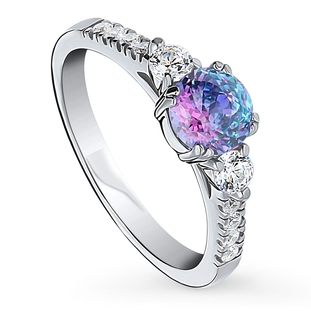 3-Stone Kaleidoscope Purple Aqua Round CZ Ring in Sterling Silver