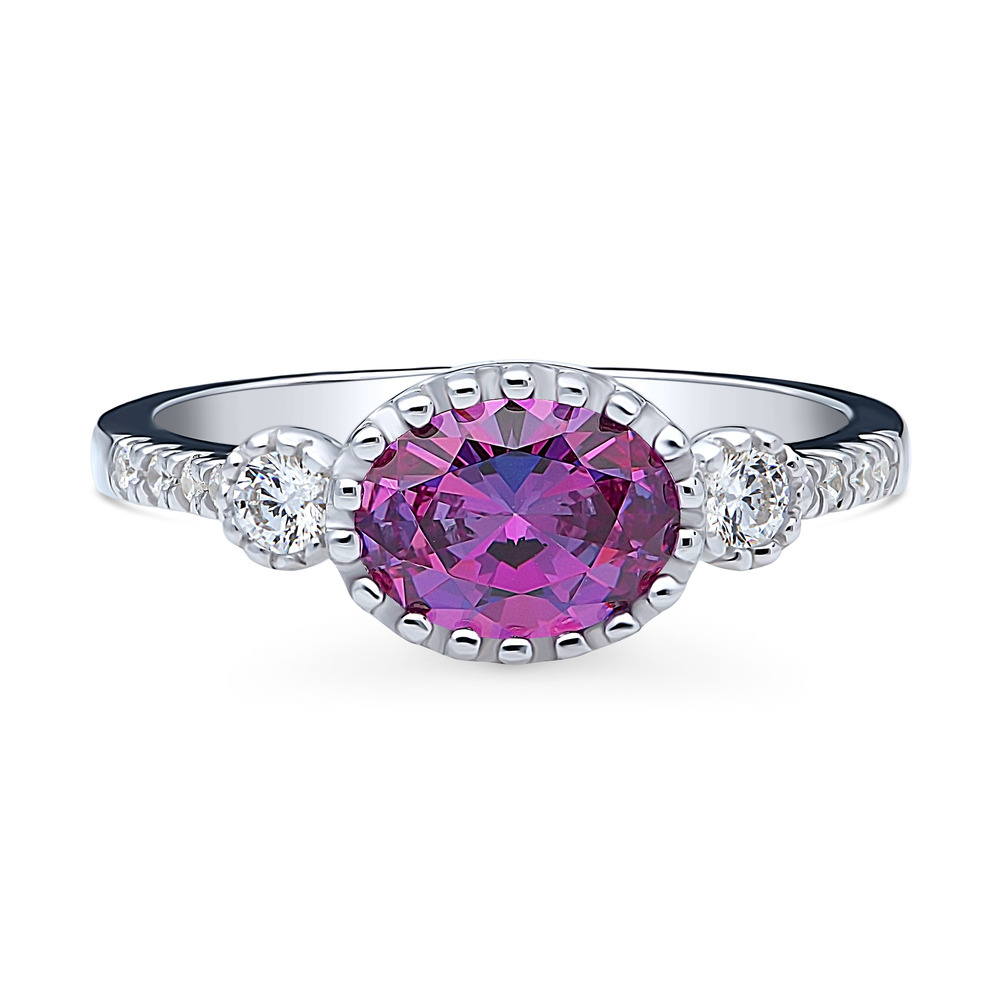 3-Stone Purple Oval CZ Ring in Sterling Silver