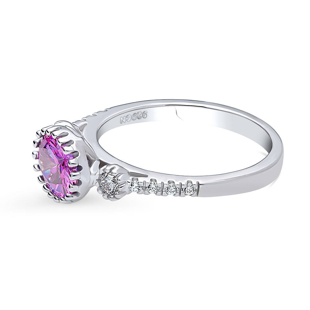 Angle view of 3-Stone Purple Oval CZ Ring in Sterling Silver