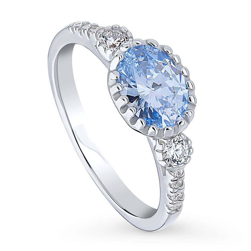 Front view of 3-Stone Greyish Blue Oval CZ Ring in Sterling Silver, 4 of 9