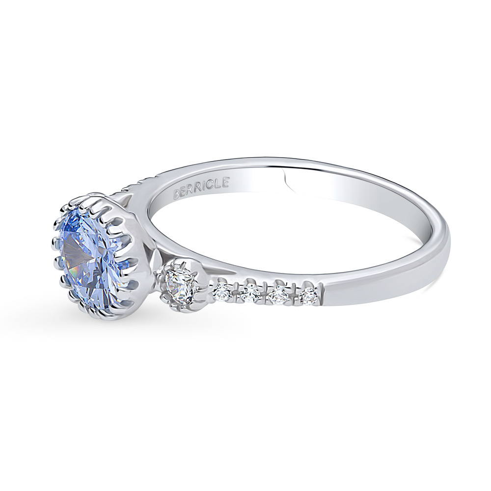Angle view of 3-Stone Greyish Blue Oval CZ Ring in Sterling Silver, 5 of 9