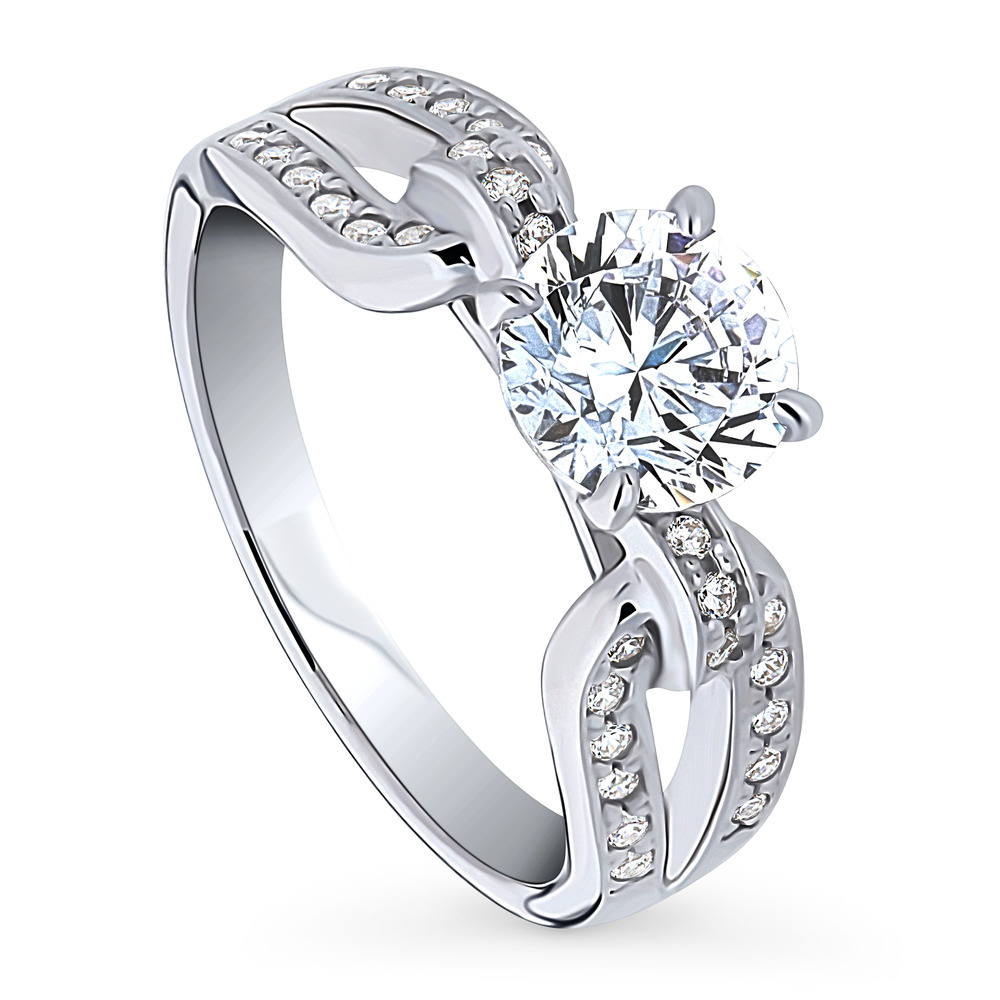 Front view of Solitaire Interlocking 1.25ct Round CZ Ring in Sterling Silver, 4 of 9