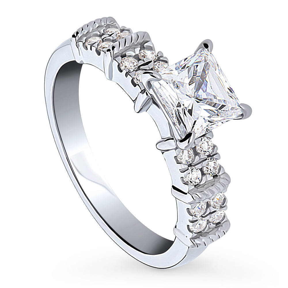 Front view of Solitaire 1.2ct Princess CZ Ring in Sterling Silver, 4 of 9