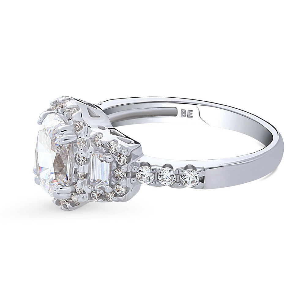 Angle view of 3-Stone Halo Oval CZ Ring in Sterling Silver