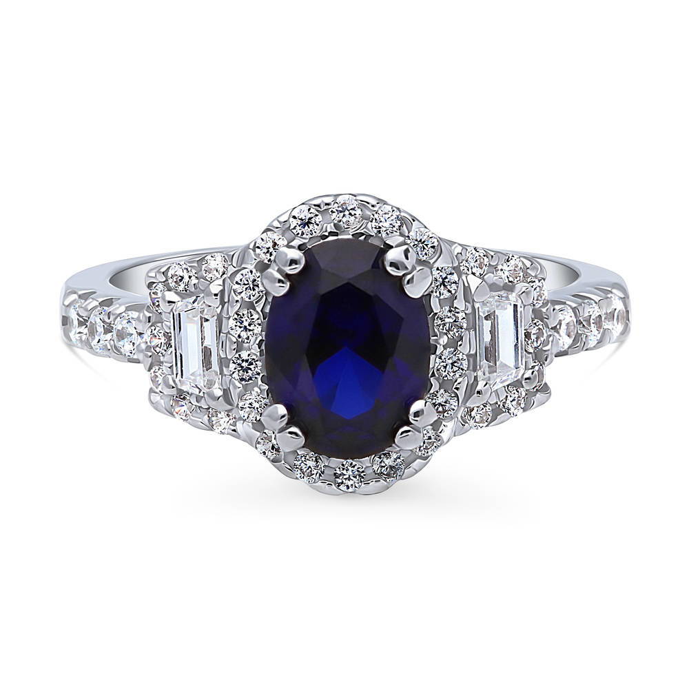 3-Stone Halo Simulated Blue Sapphire Oval CZ Ring in Sterling Silver