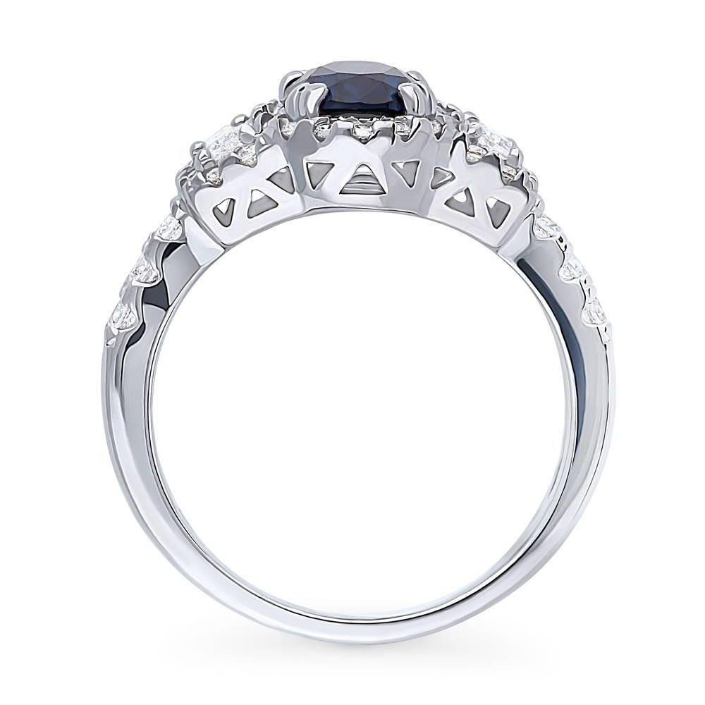 Alternate view of 3-Stone Halo Simulated Blue Sapphire Oval CZ Ring in Sterling Silver