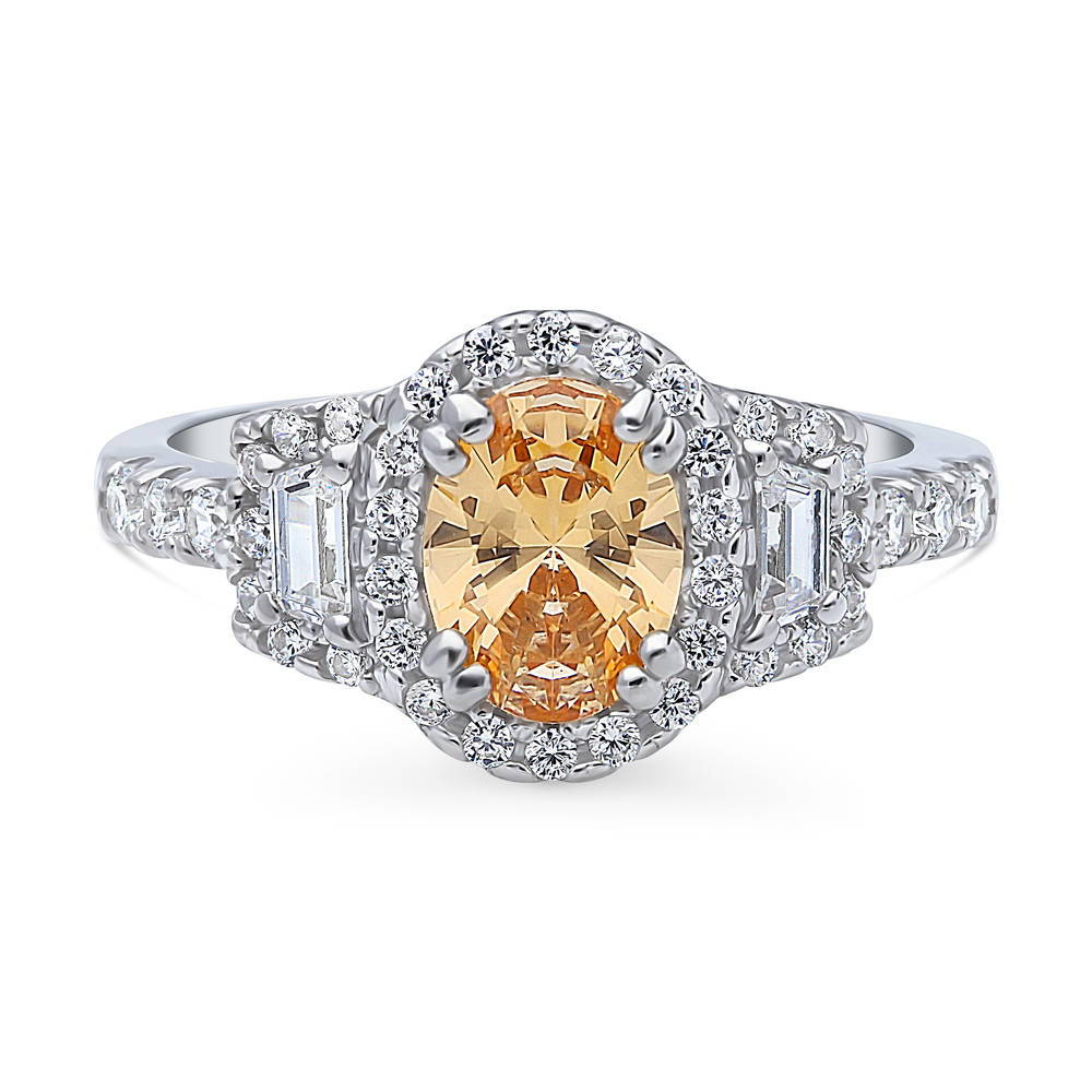 3-Stone Halo Yellow Oval CZ Ring in Sterling Silver