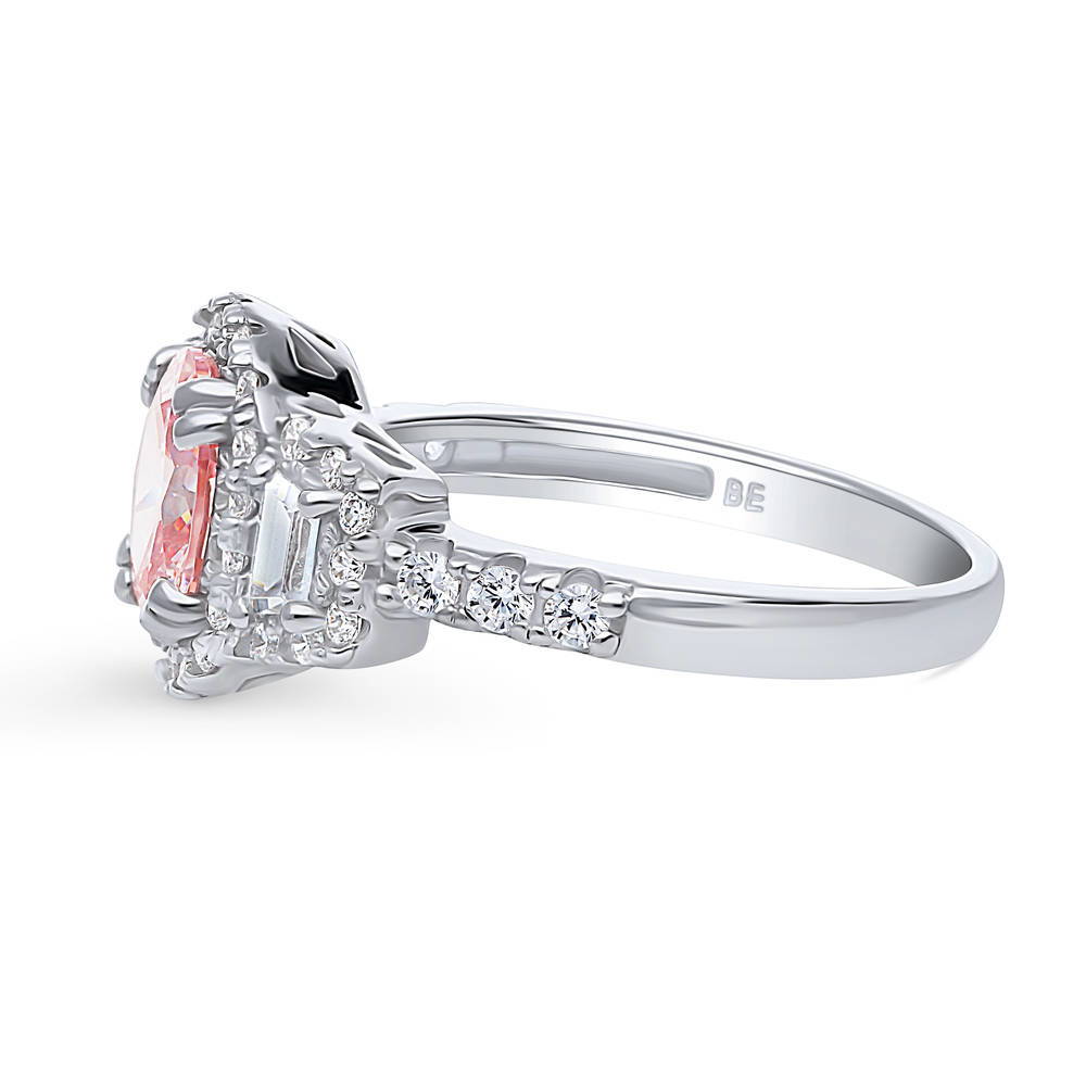 Angle view of 3-Stone Halo Morganite Color Oval CZ Ring in Sterling Silver