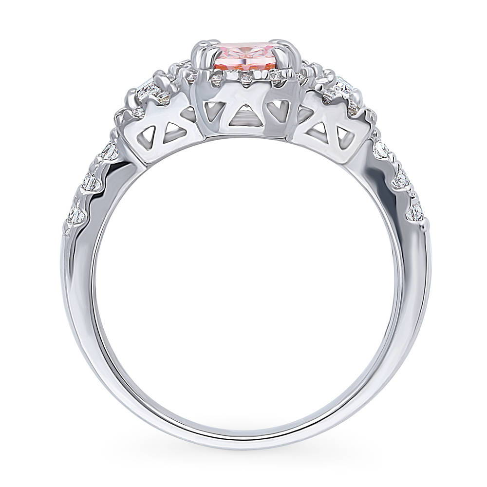 3-Stone Halo Morganite Color Oval CZ Ring in Sterling Silver