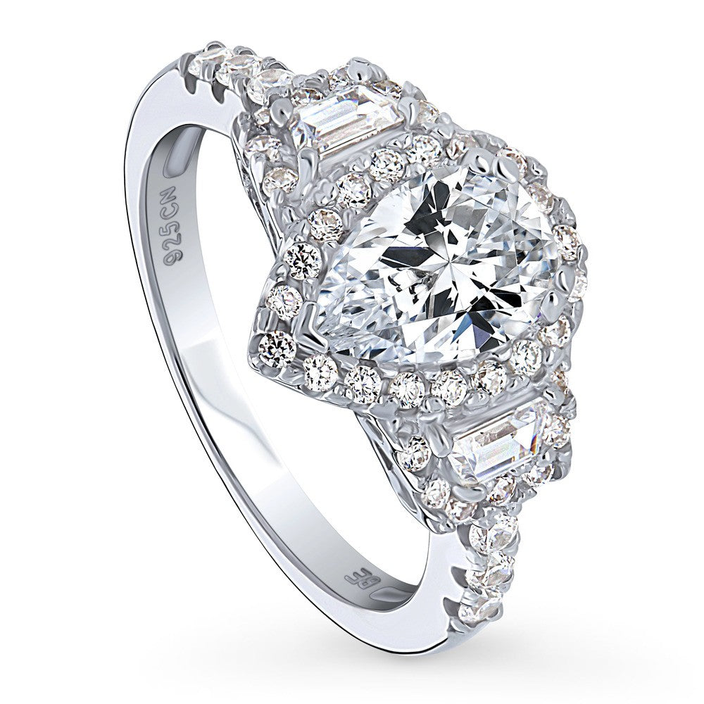 Front view of 3-Stone Halo Pear CZ Ring in Sterling Silver