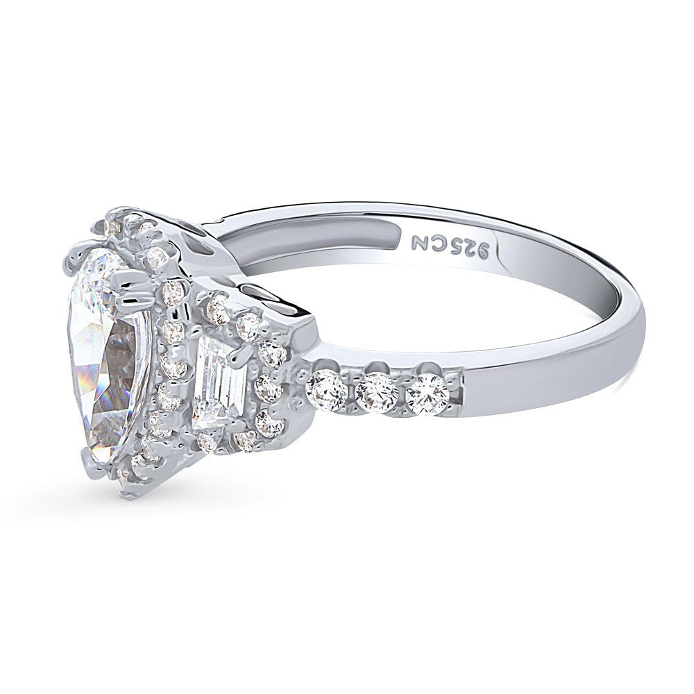 Angle view of 3-Stone Halo Pear CZ Ring in Sterling Silver
