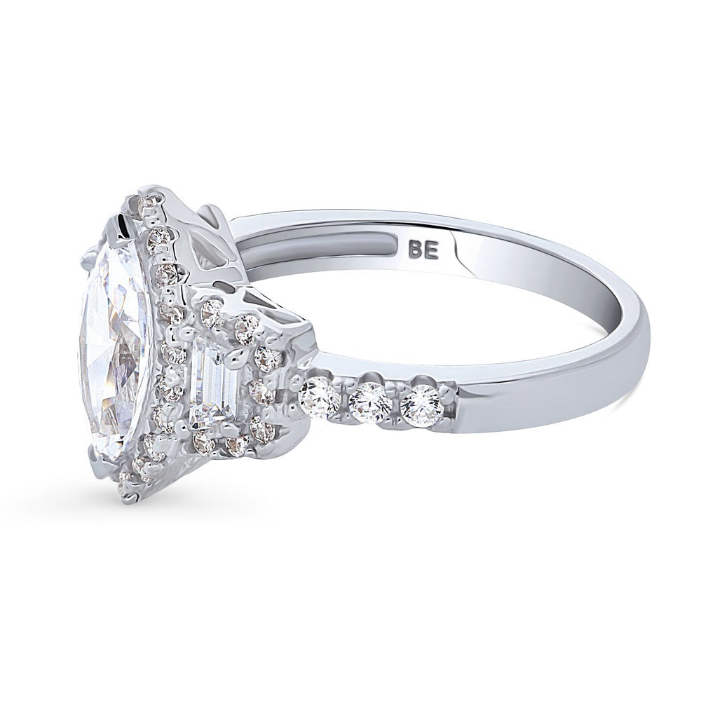 Angle view of 3-Stone Halo Marquise CZ Ring in Sterling Silver