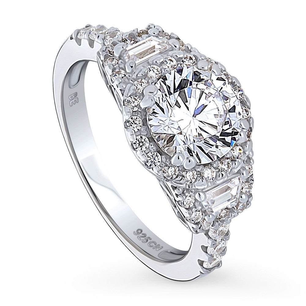 Front view of 3-Stone Halo Round CZ Ring in Sterling Silver
