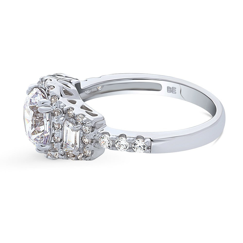 Angle view of 3-Stone Halo Round CZ Ring in Sterling Silver