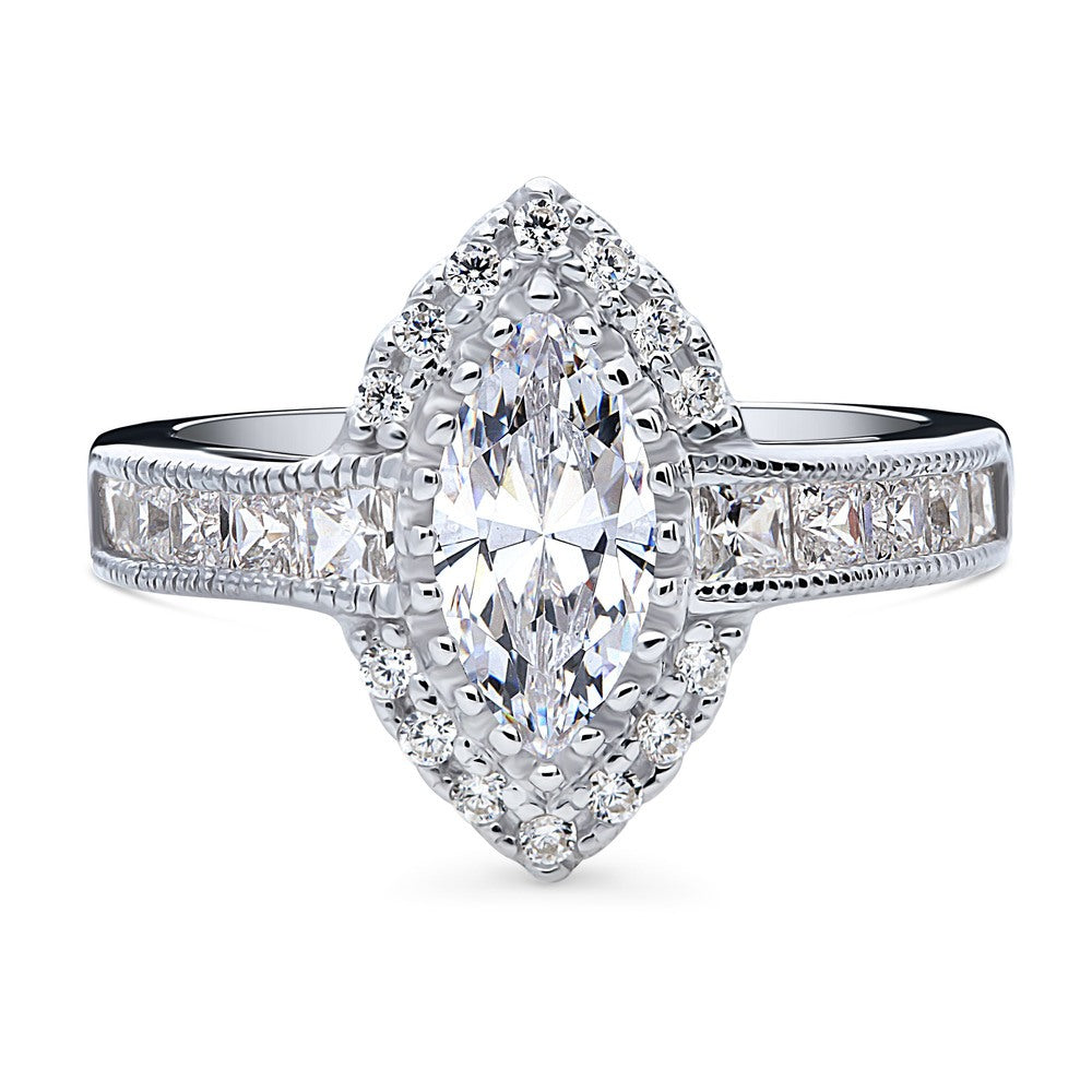 Halo Milgrain Marquise CZ Ring in Sterling Silver